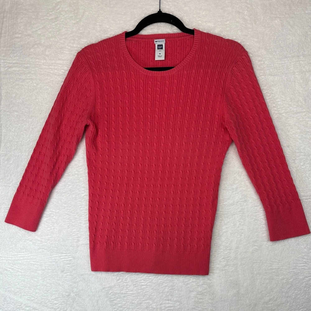 Gap Cable Knit Sweater Womens Medium Pink 3/4 Sleeve Cotton Blend